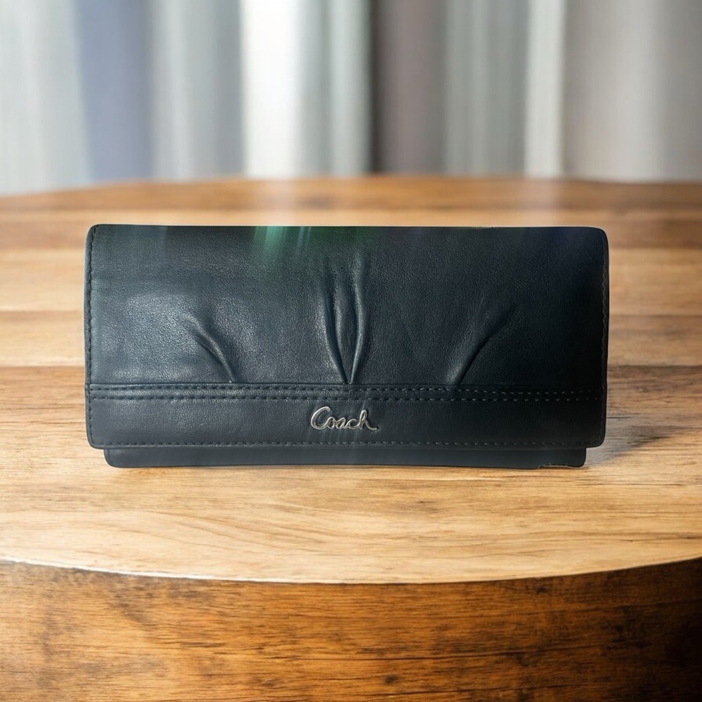 Vtg COACH Soho Leather Wallet Trifold Soft Slim Black Pleated Blue Lining Clutch